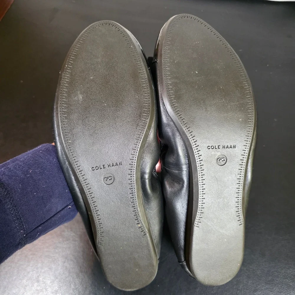 COLE HAAN Women's 11 Black Leather Tali Bow Ballet Flats Patent Cap‎ Toe